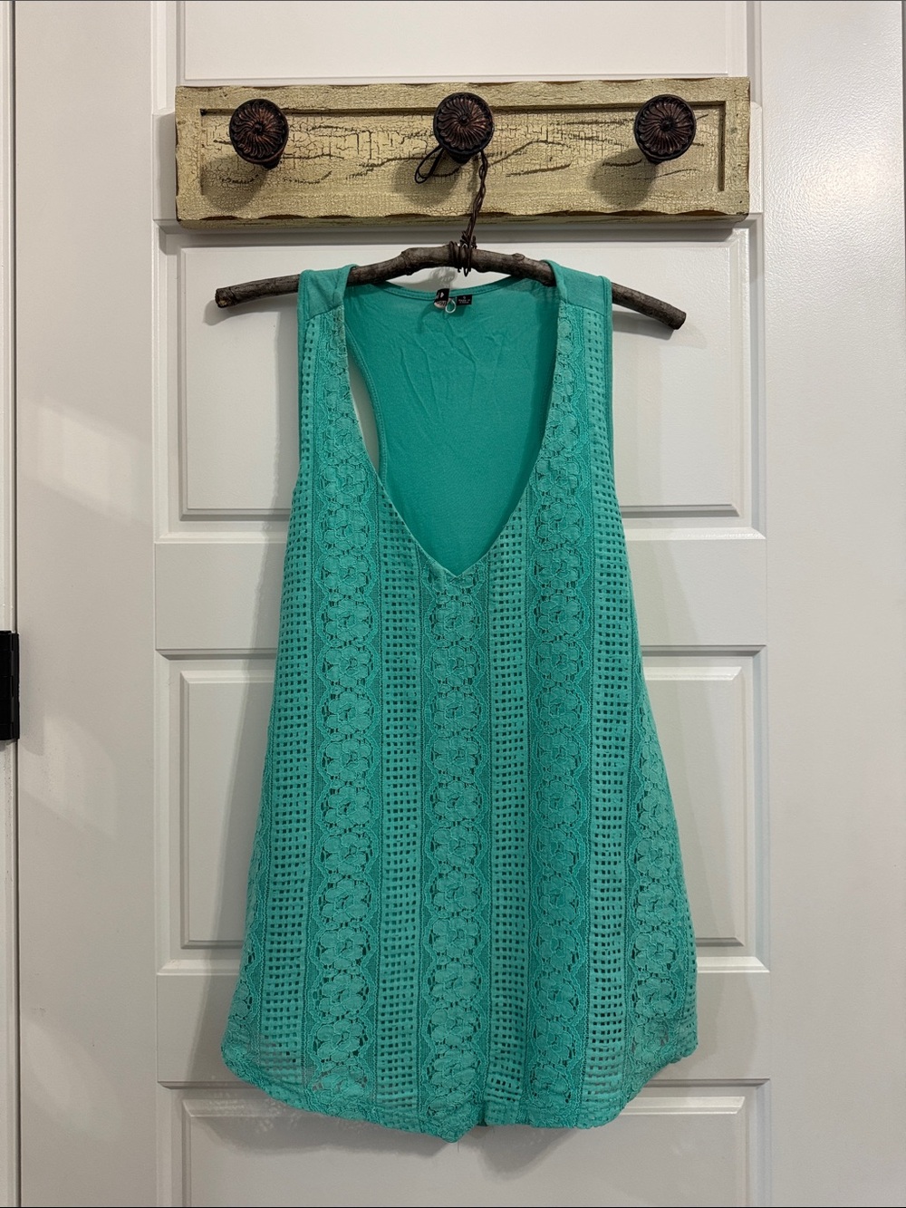 HeartSoul Teal Crochet-Panel V-Neck Tank